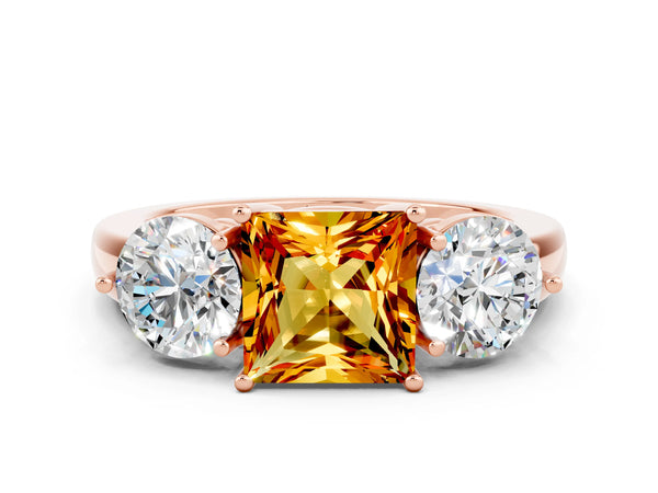 Rose gold Princess Cut Citrine Three-Stone Ring with Prong Setting and Classic Band
