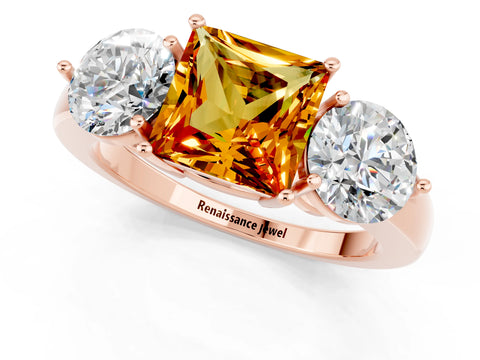 Rose gold Princess Cut Citrine Three-Stone Ring with Prong Setting and Classic Band_1