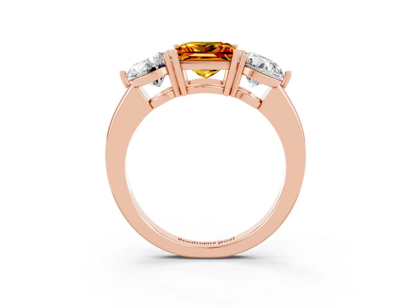 Rose gold Princess Cut Citrine Three-Stone Ring with Prong Setting and Classic Band