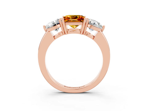Rose gold Princess Cut Citrine Three-Stone Ring with Prong Setting and Classic Band_3