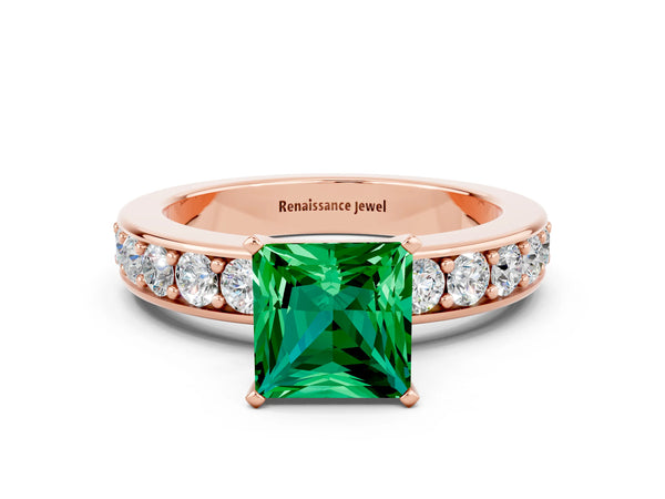 Rose gold Princess Cut Emerald Engagement Ring with Channel Set Round Band and Prong Setting