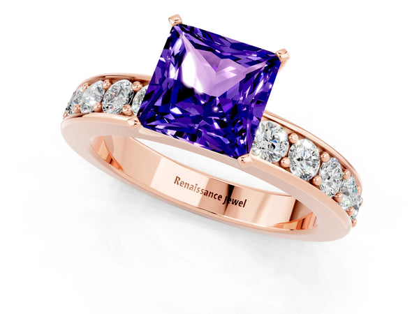 Rose gold Princess Cut Tanzanite Engagement Ring with Channel Set Round  Band and Prong Setting