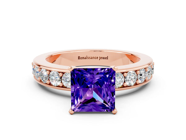 Rose gold Princess Cut Tanzanite Engagement Ring with Channel Set Round  Band and Prong Setting