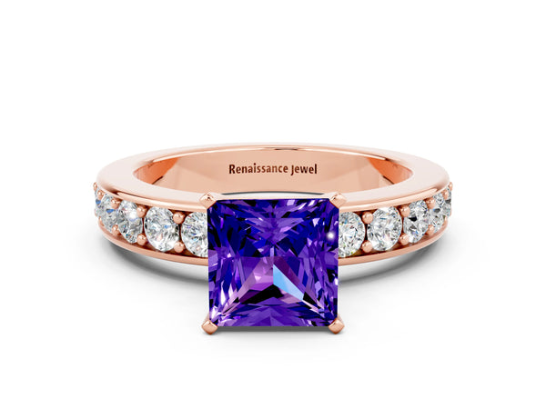Rose gold Princess Cut Tanzanite Engagement Ring with Channel Set Round  Band and Prong Setting