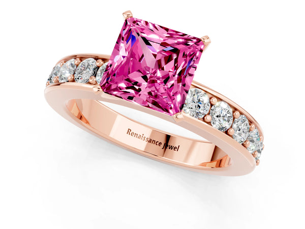 Rose gold Princess Cut Pink Sapphire Engagement Ring with Channel Set Round  Band and Prong Setting