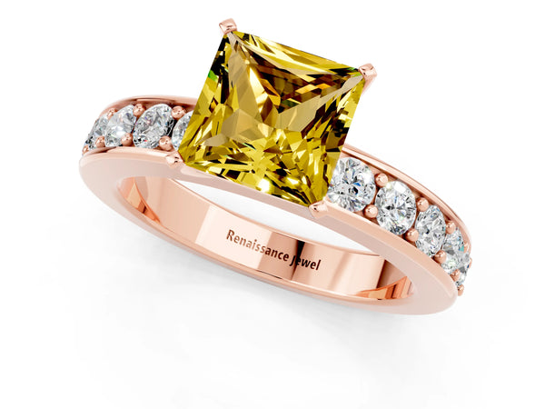 Rose gold Princess Cut Yellow Sapphire Engagement Ring with Channel Set Round  Band and Prong Setting