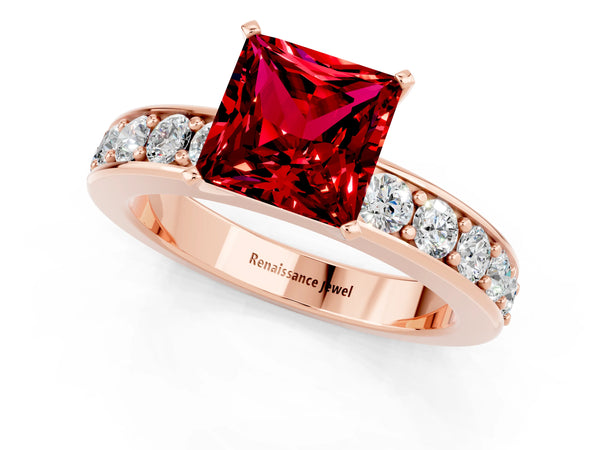 Rose gold Princess Cut Ruby Engagement Ring with Channel Set Round Band and Prong Setting