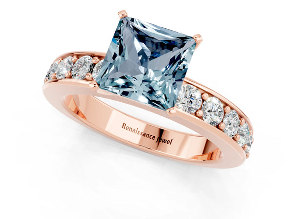 Rose gold Princess Cut Aquamarine Engagement Ring with Channel Set Round Band and Prong Setting