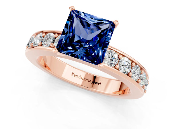 Rose gold Princess Cut Blue Sapphire Engagement Ring with Channel Set Round  Band and Prong Setting