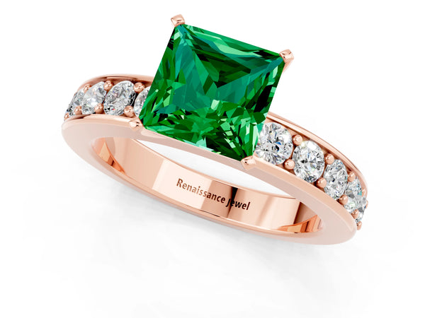 Rose gold Princess Cut Emerald Engagement Ring with Channel Set Round Band and Prong Setting