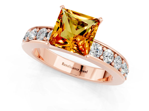 Rose gold Princess Cut Citrine Engagement Ring with Channel Set Round  Band and Prong Setting