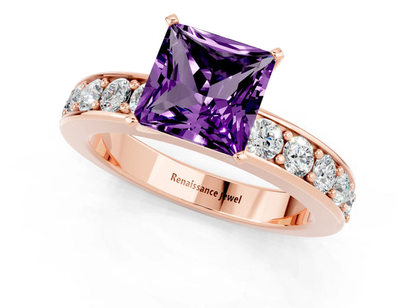 Rose gold Princess Cut Amethyst Engagement Ring with Channel Set Round Band and Prong Setting