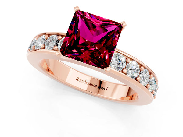 Rose gold Princess Cut Garnet Engagement Ring with Channel Set Round Band and Prong Setting