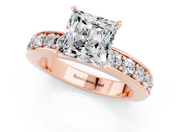 Rose gold Princess Cut Moissanite Engagement Ring with Channel Set Round Band and Prong Setting
