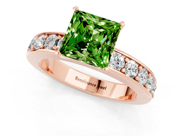 Rose gold Princess Cut Peridot Engagement Ring with Channel Set Round  Band and Prong Setting