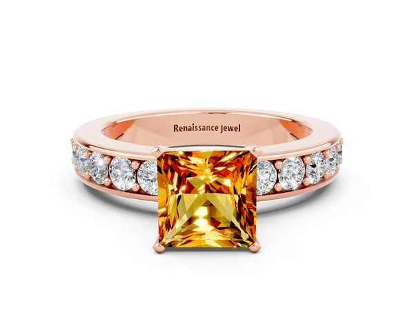Rose gold Princess Cut Citrine Engagement Ring with Channel Set Round  Band and Prong Setting