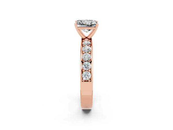 Rose gold Princess Cut Moissanite Engagement Ring with Channel Set Round Band and Prong Setting