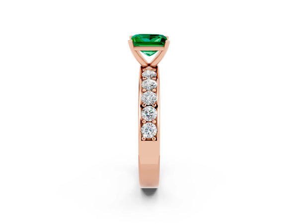 Rose gold Princess Cut Emerald Engagement Ring with Channel Set Round Band and Prong Setting