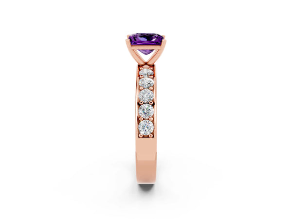 Rose gold Princess Cut Amethyst Engagement Ring with Channel Set Round Band and Prong Setting