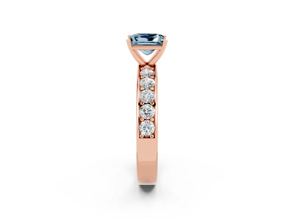 Rose gold Princess Cut Aquamarine Engagement Ring with Channel Set Round Band and Prong Setting