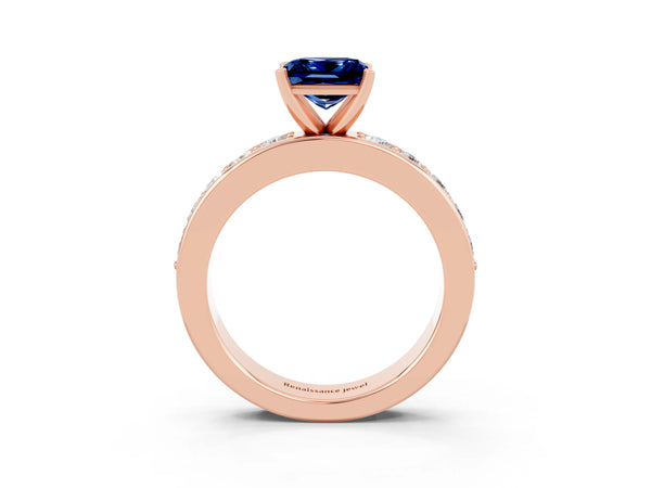Rose gold Princess Cut Blue Sapphire Engagement Ring with Channel Set Round  Band and Prong Setting