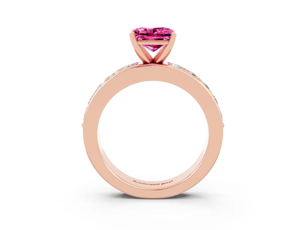 Rose gold Princess Cut Pink Sapphire Engagement Ring with Channel Set Round  Band and Prong Setting