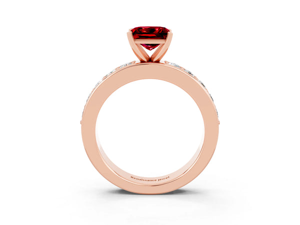 Rose gold Princess Cut Ruby Engagement Ring with Channel Set Round Band and Prong Setting