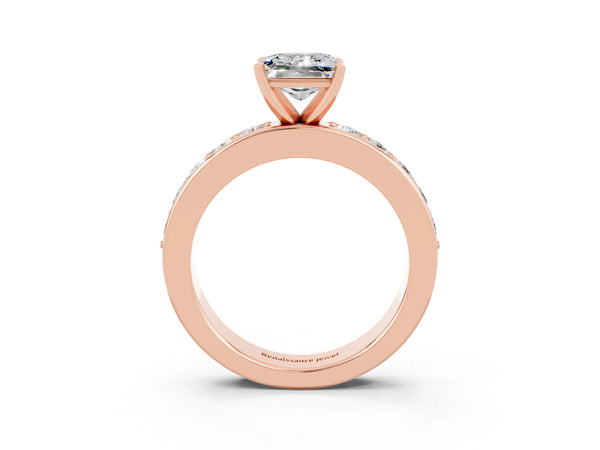 Rose gold Princess Cut Moissanite Engagement Ring with Channel Set Round Band and Prong Setting