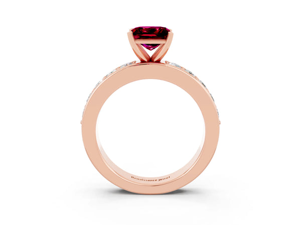Rose gold Princess Cut Garnet Engagement Ring with Channel Set Round Band and Prong Setting