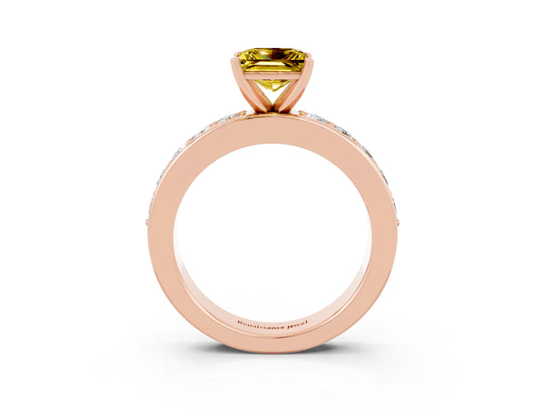 Rose gold Princess Cut Yellow Sapphire Engagement Ring with Channel Set Round  Band and Prong Setting