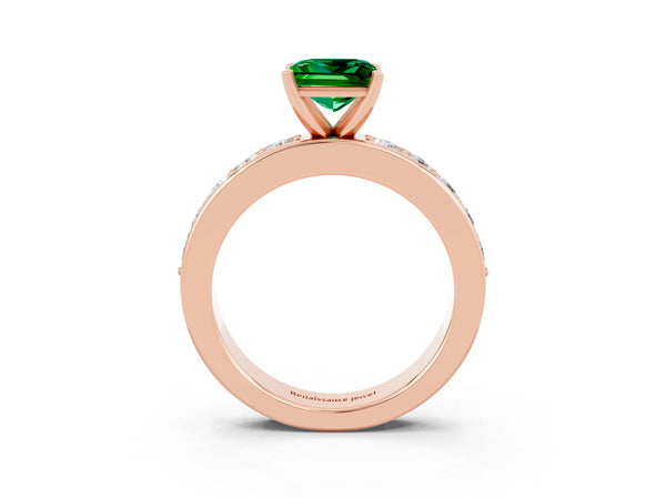 Rose gold Princess Cut Emerald Engagement Ring with Channel Set Round Band and Prong Setting
