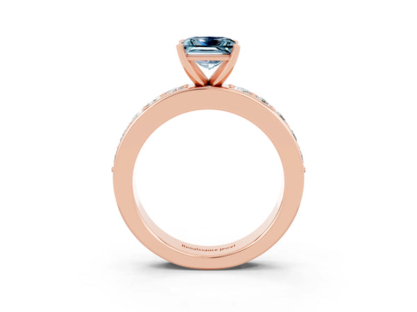Rose gold Princess Cut Aquamarine Engagement Ring with Channel Set Round Band and Prong Setting