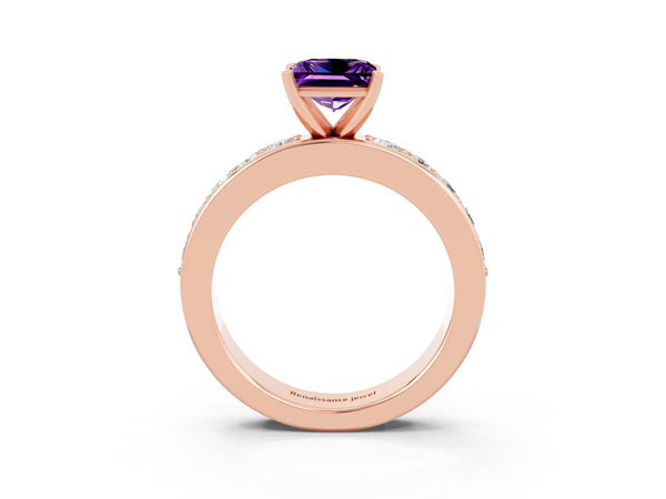 Rose gold Princess Cut Amethyst Engagement Ring with Channel Set Round Band and Prong Setting