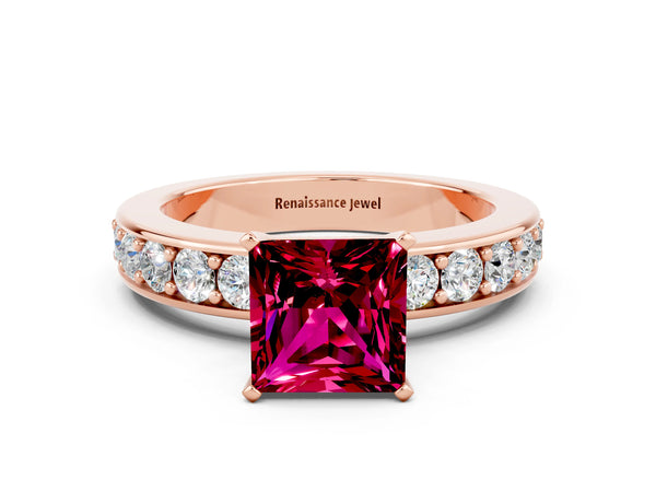 Rose gold Princess Cut Garnet Engagement Ring with Channel Set Round Band and Prong Setting