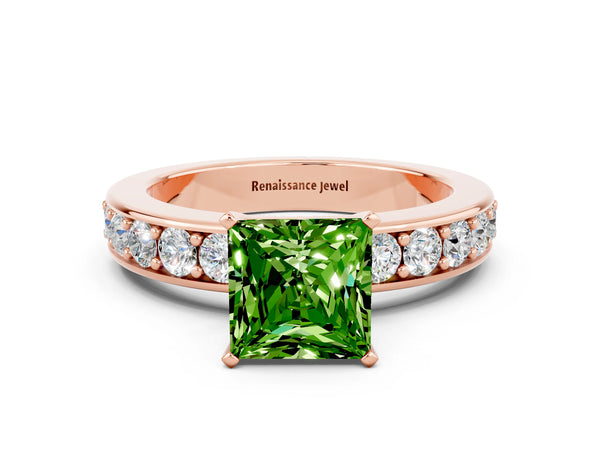 Rose gold Princess Cut Peridot Engagement Ring with Channel Set Round  Band and Prong Setting