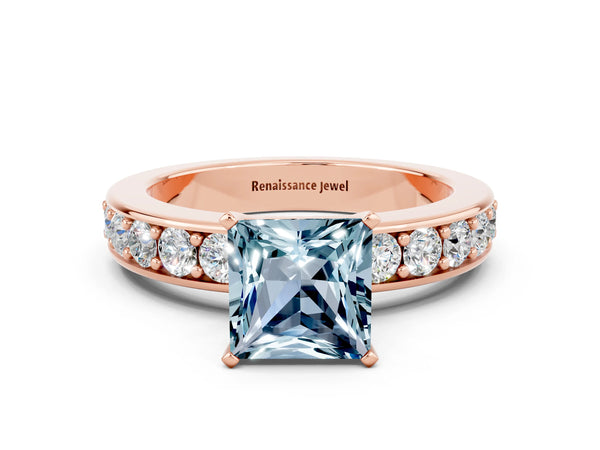 Rose gold Princess Cut Aquamarine Engagement Ring with Channel Set Round Band and Prong Setting