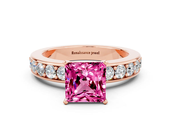 Rose gold Princess Cut Pink Sapphire Engagement Ring with Channel Set Round  Band and Prong Setting
