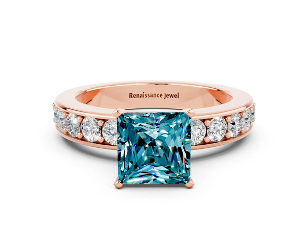 Rose gold Princess Cut Blue Topaz Engagement Ring with Channel Set Round  Band and Prong Setting