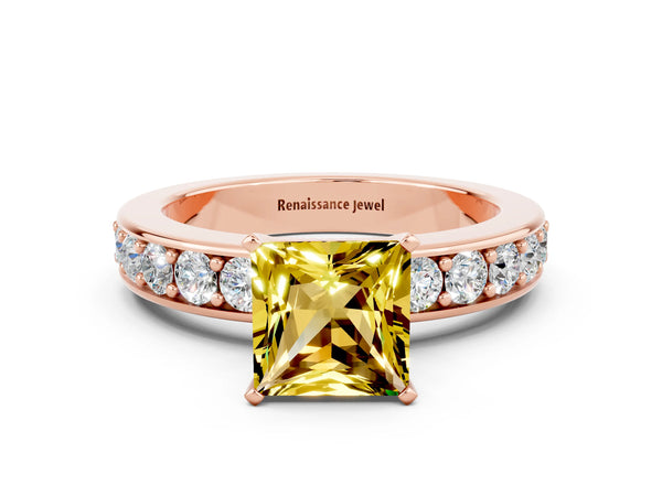 Rose gold Princess Cut Yellow Sapphire Engagement Ring with Channel Set Round  Band and Prong Setting