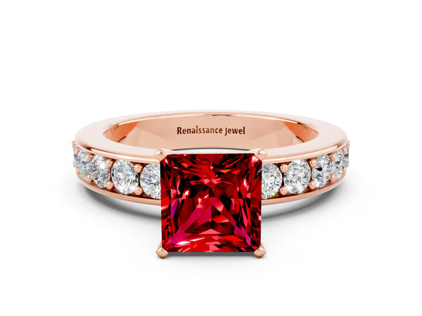 Rose gold Princess Cut Ruby Engagement Ring with Channel Set Round Band and Prong Setting