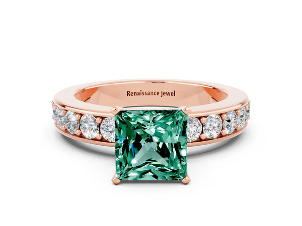 Rose gold Princess Cut Green Sapphire Engagement Ring with Channel Set Round  Band and Prong Setting