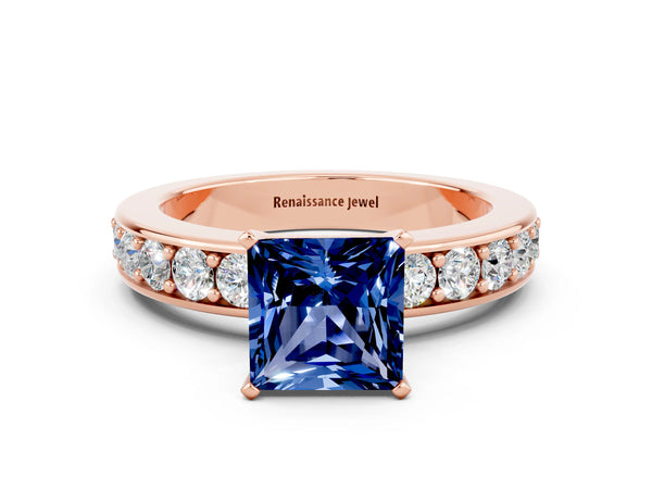 Rose gold Princess Cut Blue Sapphire Engagement Ring with Channel Set Round  Band and Prong Setting