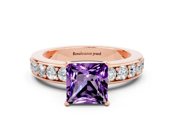 Rose gold Princess Cut Amethyst Engagement Ring with Channel Set Round Band and Prong Setting