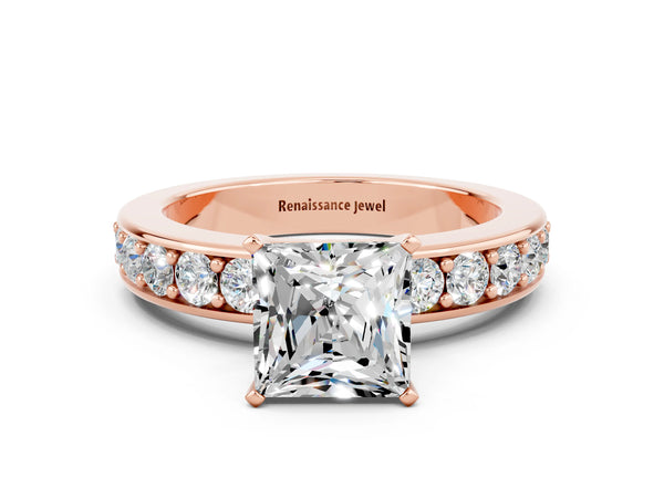 Rose gold Princess Cut Moissanite Engagement Ring with Channel Set Round Band and Prong Setting