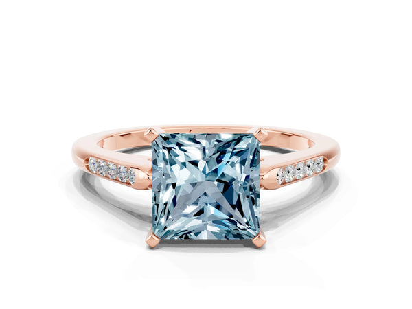 Rose gold Princess Cut Aquamarine Solitaire Ring with Channel Set Round Band and Prong Setting