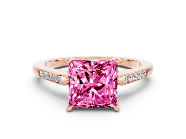 Rose gold Princess Cut Pink Sapphire Solitaire Ring with Channel Set Round Band and Prong Setting