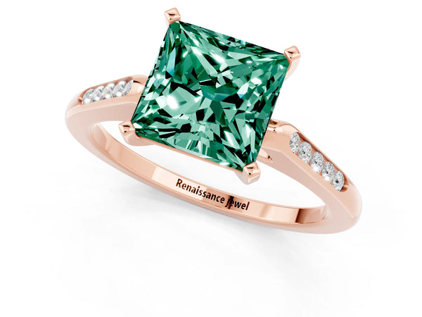 Rose gold Princess Cut Green Sapphire Solitaire Ring with Channel Set Round Band and Prong Setting