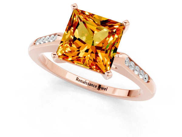 Rose gold Princess Cut Citrine Solitaire Ring with Channel Set Round Band and Prong Setting