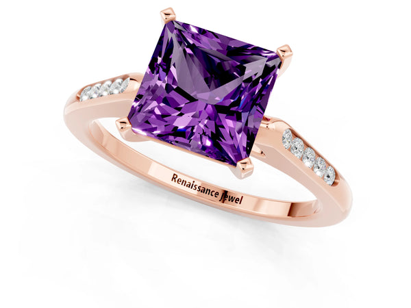 Rose gold Princess Cut Amethyst Solitaire Ring with Channel Set Round Band and Prong Setting