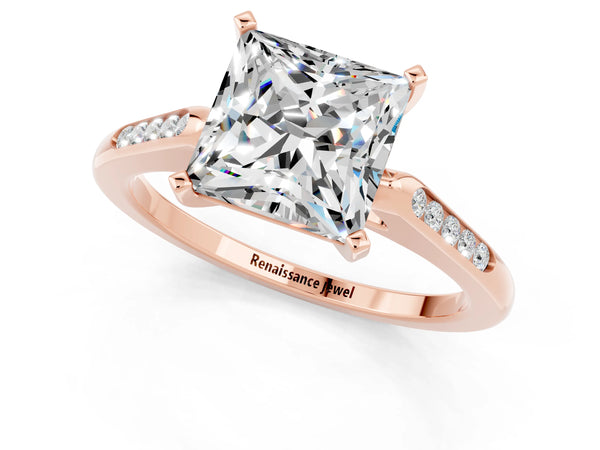 Rose gold Princess Cut Moissanite Solitaire Ring with Channel Set Round Band and Prong Setting